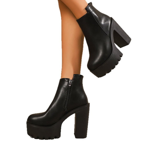 Damen Modische Plateau Stiefeletten mit markantem Blockabsatz und Reißverschluss