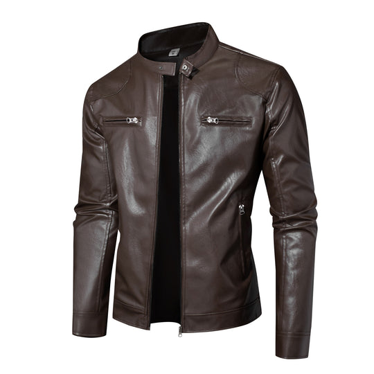 Herren Lederjacke im Bikerstil mit Stehkragen und Reißverschlusstaschen Nord Taschen
