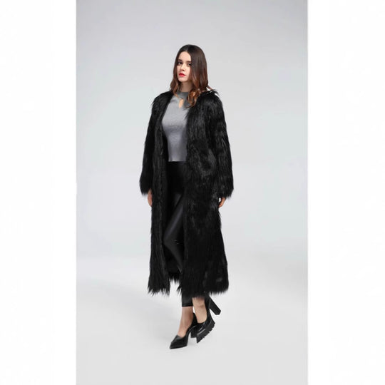 Damen extravaganter bodenlanger Hochflor-Faux-Fur-Mantel mit Schleppe und offenem Schnitt Nord Taschen