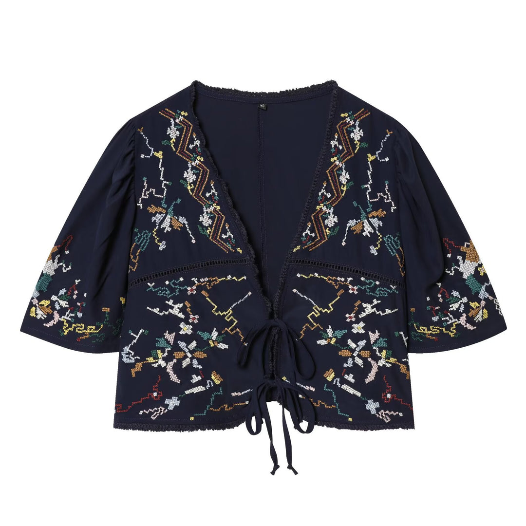 Damen Bestickte Kimono‑Bluse mit Bindebändern und Zierhäkelkante Nord Taschen