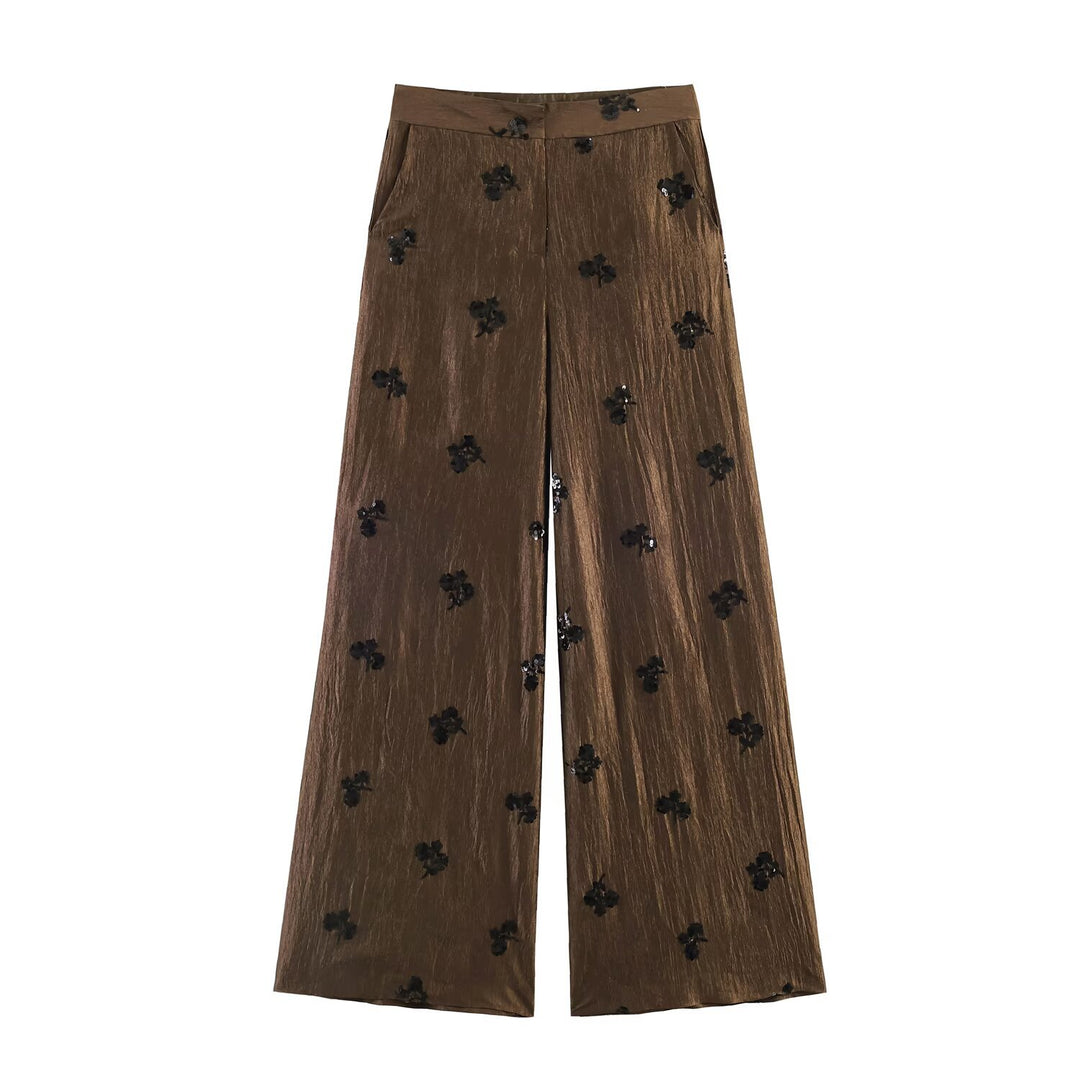 Damen 20+ weite Palazzo‑Hose mit hoher Taille, Crinkle‑Effekt und bestickten Paillettenapplikationen Nord Taschen