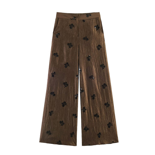 Damen 20+ weite Palazzo‑Hose mit hoher Taille, Crinkle‑Effekt und bestickten Paillettenapplikationen Nord Taschen