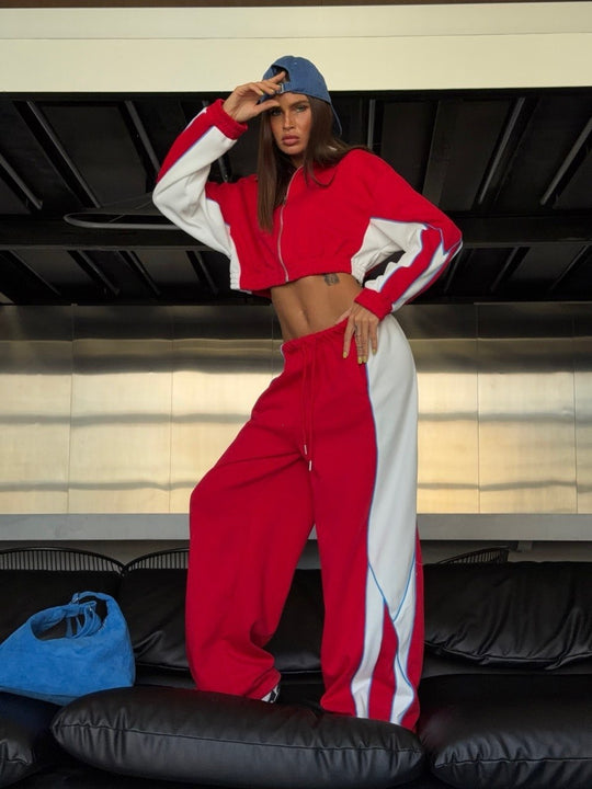 Damen Sportives Crop-Zip Trainingsset mit weitem Bein und kontrastierenden Seitenstreifen Nord Taschen