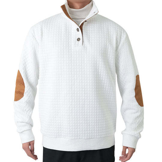 Herren Waffelstrick-Halbzip-Pullover mit Stehkragen Lederbesatz und Ellbogenpatches Nord Taschen