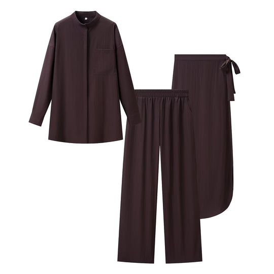 Damen Dreiteiliges Relax-Loungewear-Set mit Stehkragen, elastischer Highwaist-Hose und Wickelrock Nord Taschen