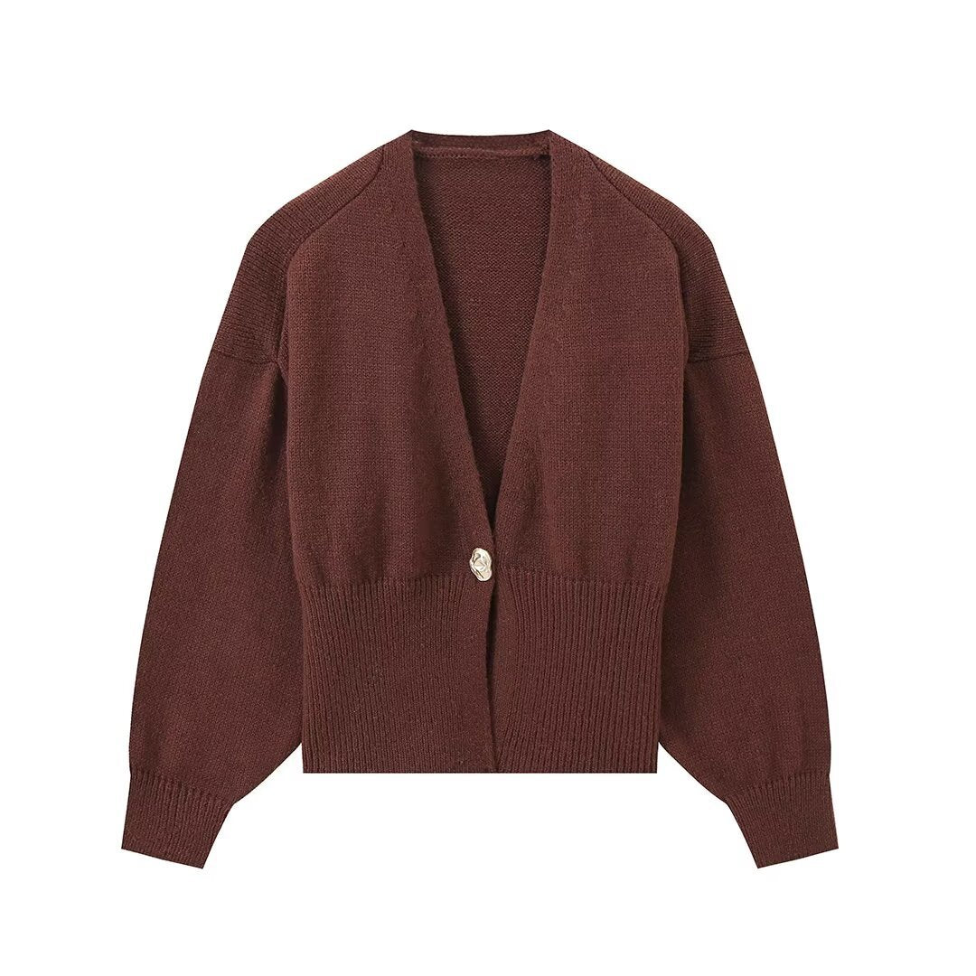Damen Kurze V‑Ausschnitt Strickjacke mit Ballonärmeln und Zierknopf Nord Taschen