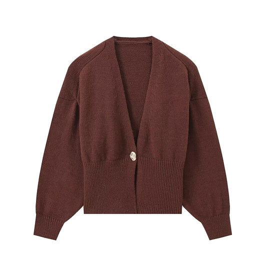 Damen Kurze V‑Ausschnitt Strickjacke mit Ballonärmeln und Zierknopf Nord Taschen