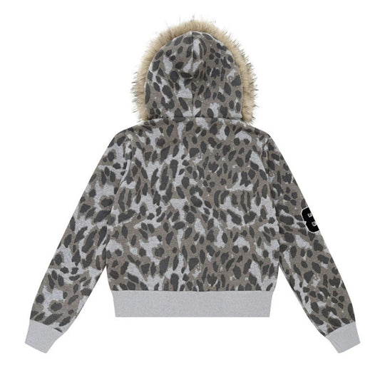 Damen Kapuzen-Sweatjacke mit Kunstfellbesatz, Leo-Allover und Reißverschluss Nord Taschen