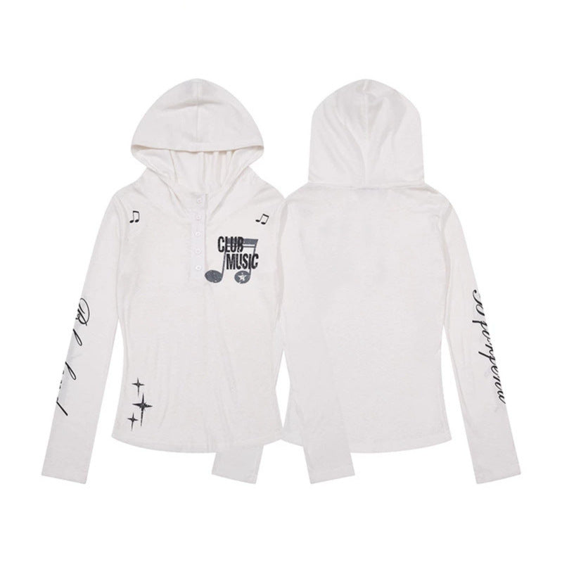 Damen Leichtes Langarm-Hoodie-Henleyshirt mit Knopfleiste, Kapuze und Music-Print Nord Taschen