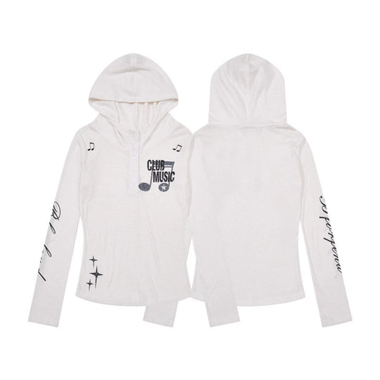 Damen Leichtes Langarm-Hoodie-Henleyshirt mit Knopfleiste, Kapuze und Music-Print Nord Taschen