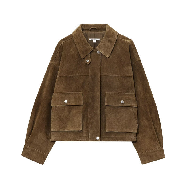 Damen Kurz geschnittene Boxy‑Veloursblousonjacke mit Pattentaschen und verdeckter Druckknopfleiste Nord Taschen