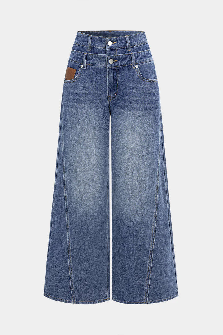 Damen hochgeschnittene Doppelbund-Jeansculotte mit weitem Cropped-Bein und sichtbaren Nahtpaneelen Nord Taschen