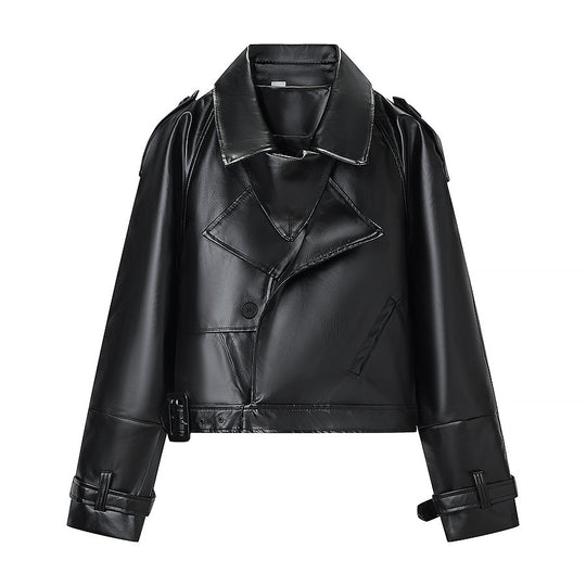 Damen Kurz geschnittene Bikerjacke aus Lederoptik mit asymmetrischer Reversklappe und Taillenriegel Nord Taschen