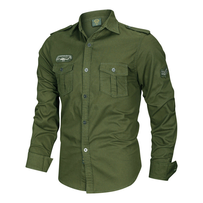 Herren Militärisches Baumwollhemd mit Schulterklappen, Pattentaschen und Stickpatches Nord Taschen