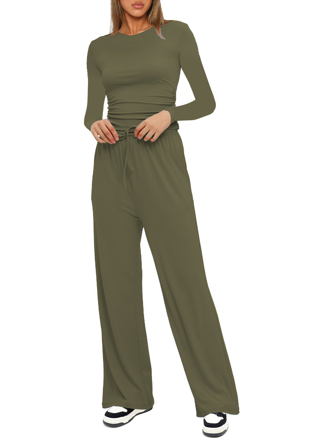 Damen Figurbetontes Longsleeve mit seitlicher Raffung und High-Waist Palazzo-Jogginghose Set Nord Taschen