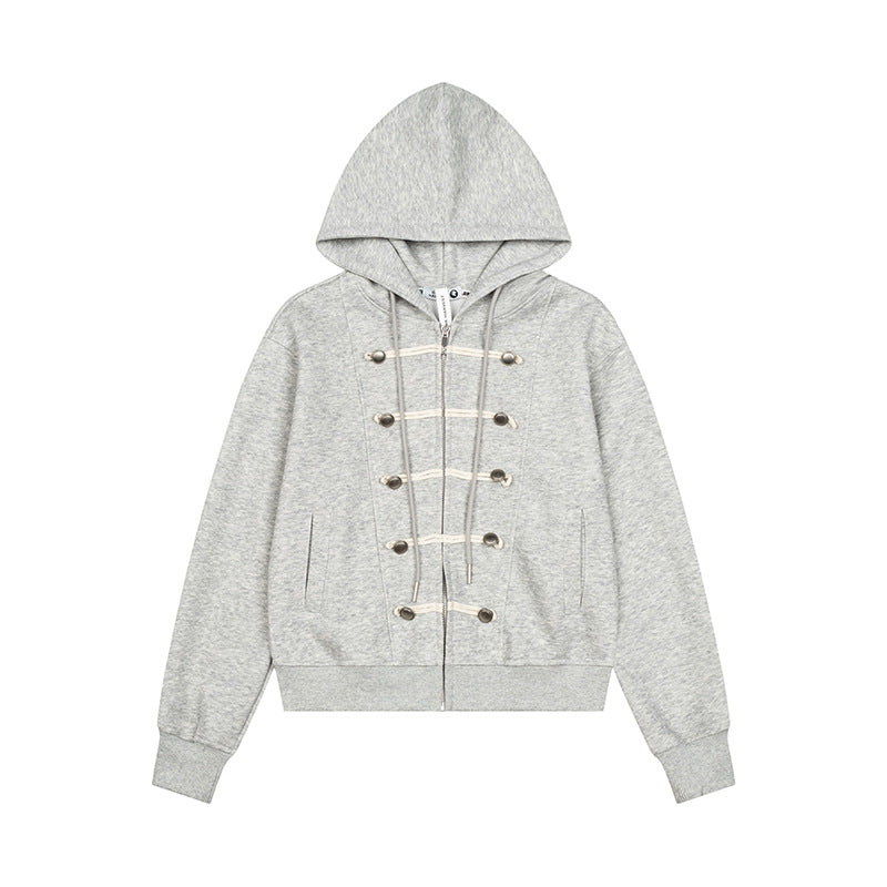 Damen Kapuzen-Sweatjacke mit durchgehendem Reißverschluss, dekorativer Kordel-Ösenverzierung und Military-Detail Nord Taschen