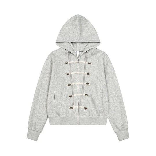 Damen Kapuzen-Sweatjacke mit durchgehendem Reißverschluss, dekorativer Kordel-Ösenverzierung und Military-Detail Nord Taschen