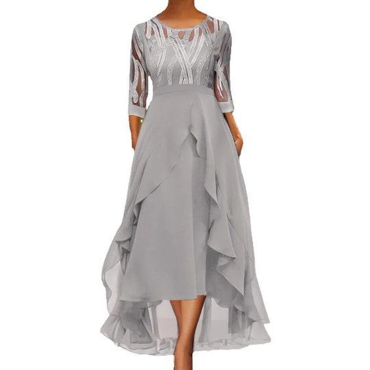 Damen nan edles Chiffon-Abendkleid mit besticktem Tülloberteil, Dreiviertelärmeln und asymmetrischem Stufen-Saum Nord Taschen