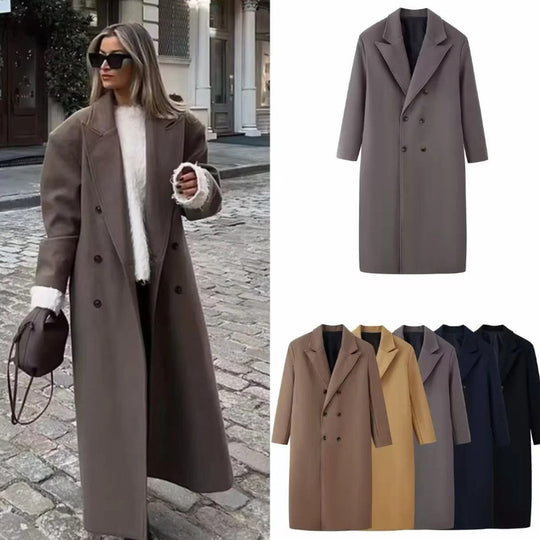 Damen 30+ langer doppeltreihiger Wollmix‑Mantel mit Reverskragen und geradem Schnitt Nord Taschen