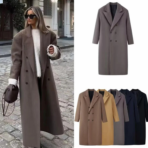 Damen 30+ langer doppeltreihiger Wollmix‑Mantel mit Reverskragen und geradem Schnitt Nord Taschen