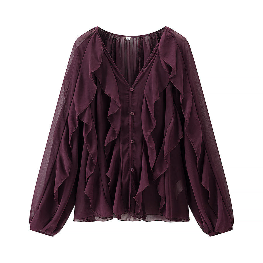 Damen Voluminöse Chiffonbluse mit mehrlagigen Volants und Knopfverschluss Nord Taschen