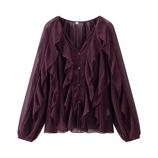 Damen Voluminöse Chiffonbluse mit mehrlagigen Volants und Knopfverschluss Nord Taschen