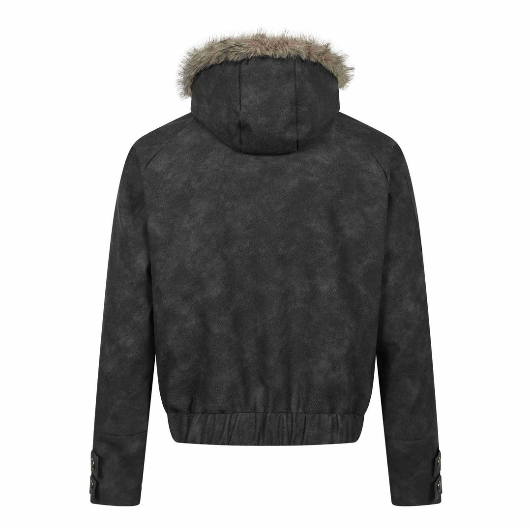 Herren Kurz geschnittener Suede‑Look Bomber mit Kapuze, Kunstfellbesatz und Statement‑Print Nord Taschen
