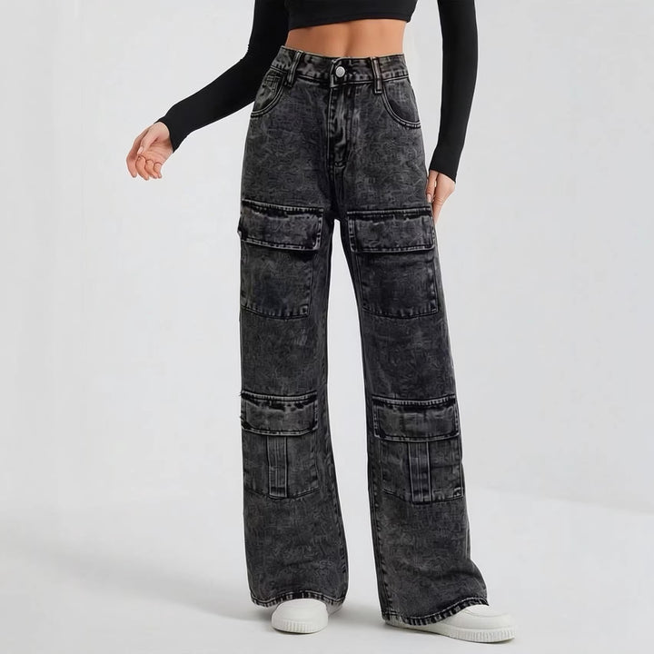 Damen High‑Waist Utility-Denimhose mit aufgesetzten Knie-Patches, Cargo‑Taschen und weitem Schlag Nord Taschen