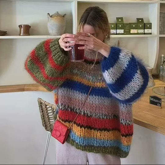 Damen Oversize-Strickpullover aus Mohairmix mit voluminösen Ballonärmeln und Blockstreifen Nord Taschen