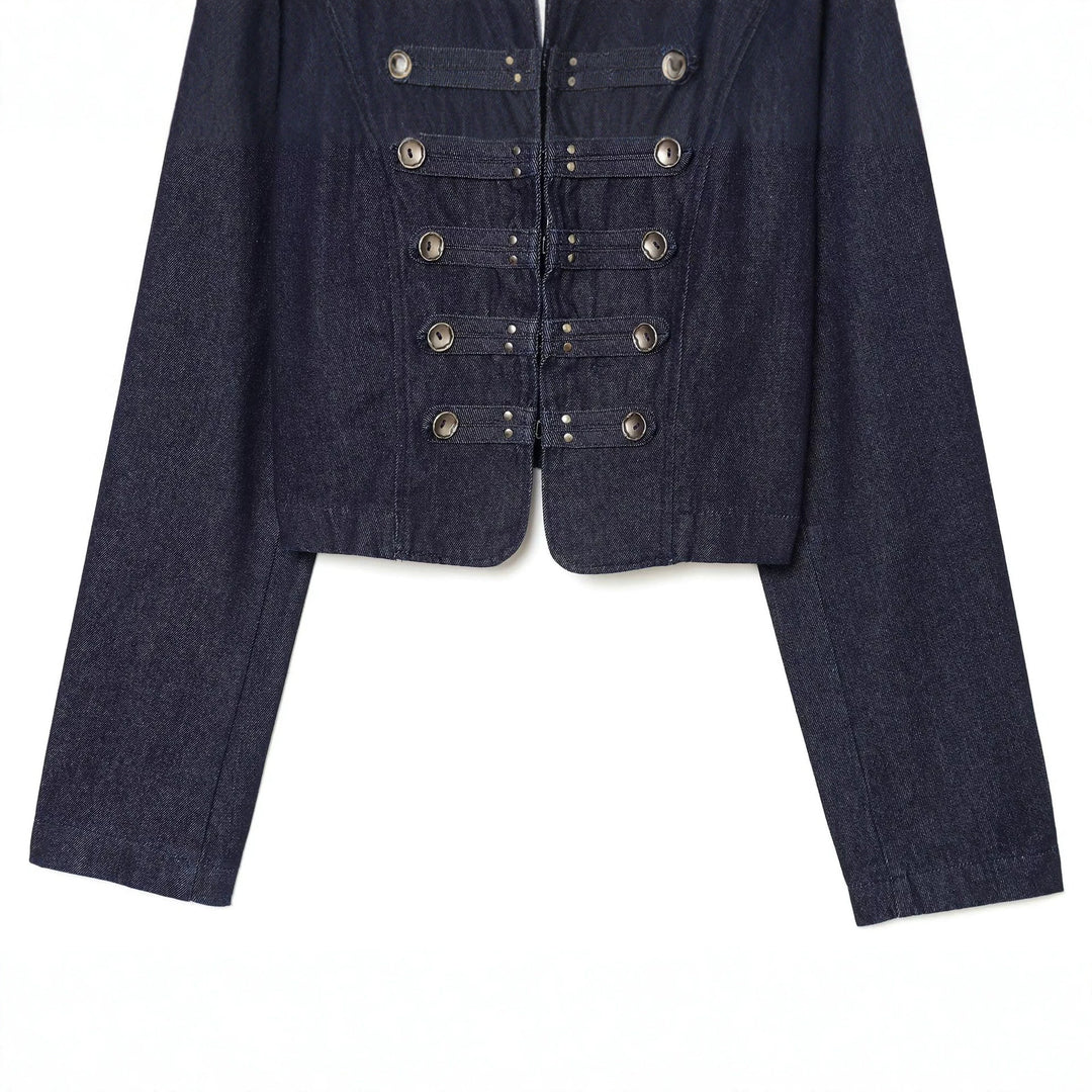 Damen kurze Denim‑Militärjacke mit Stehkragen und dekorativer Zierknopfleiste Nord Taschen