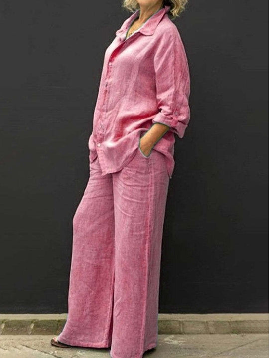 Damen Entspanntes Leinen-Set mit Oversize-Hemd und weiter Palazzo-Hose Nord Taschen