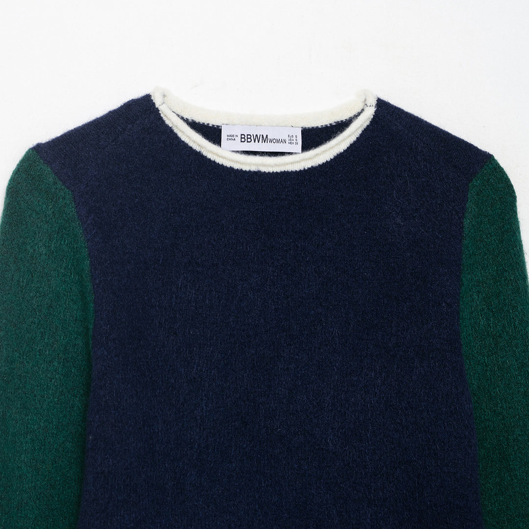 Damen Kuscheliger Colorblock-Pullover mit Rundhalsausschnitt und Kontrastärmeln Nord Taschen