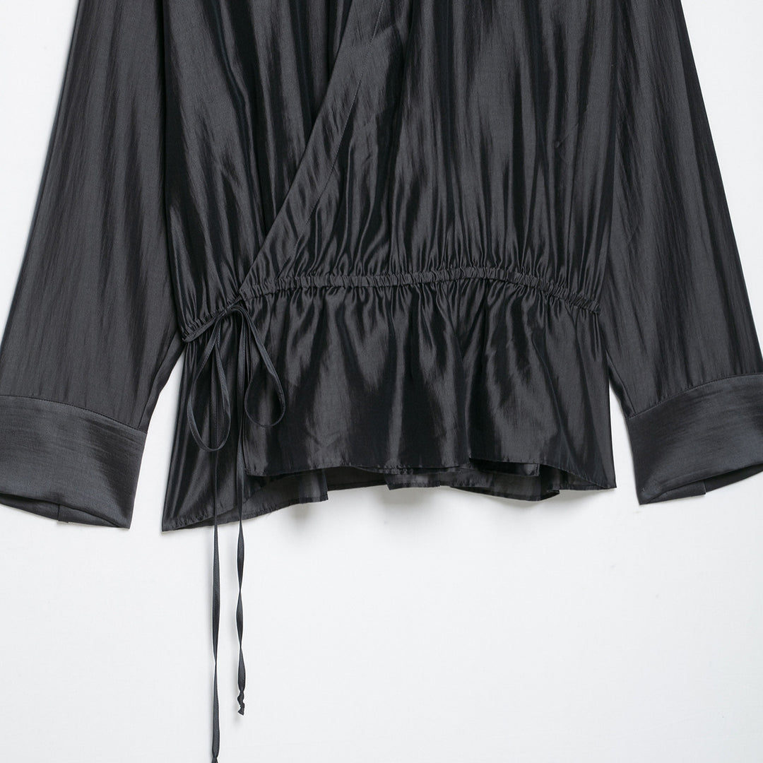 Damen Satinbluse mit Stehkragen, Wickeloptik und Kordelzug Nord Taschen