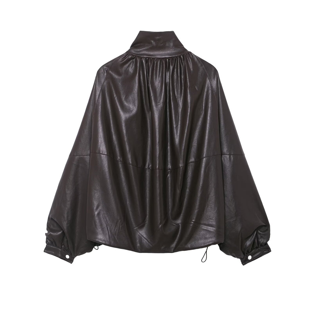 Damen Voluminöse Kunstleder-Capejacke mit hohem Stehkragen und Kordelzug Nord Taschen