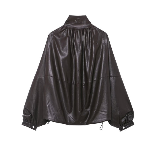 Damen Voluminöse Kunstleder-Capejacke mit hohem Stehkragen und Kordelzug Nord Taschen