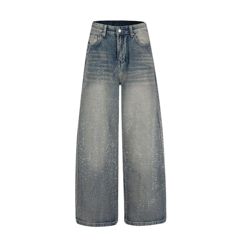 Damen Weite hochgeschnittene Palazzo-Jeans mit Glitzereffekt und Used-Waschung Nord Taschen