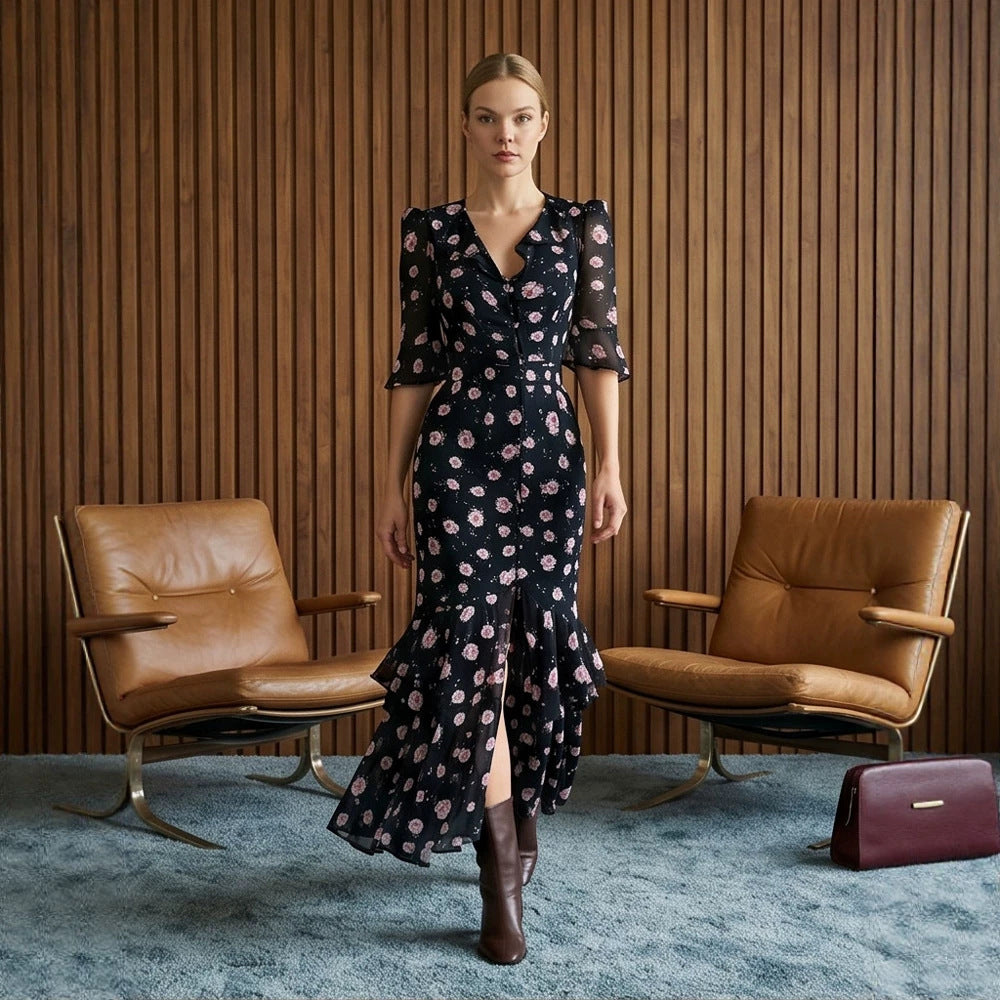 Damen Tailliertes Chiffon-Midikleid mit V-Ausschnitt, dreiviertel Ärmeln und Stufenvolant Nord Taschen