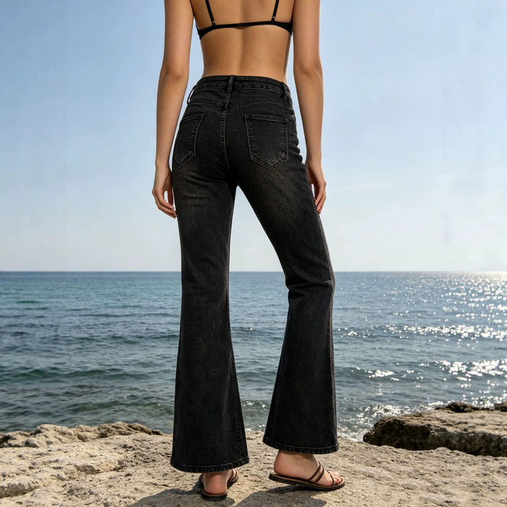 Damen hochgeschnittene Flared-Jeans aus Stretch-Denim mit figurbetonter Taille und weitem Bein Nord Taschen