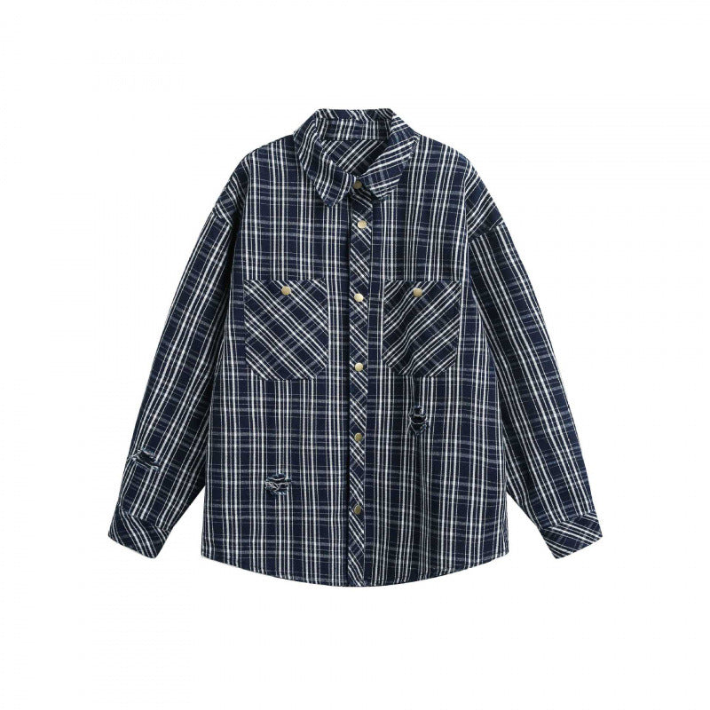 Unisex Boxy-Hemdjacke im karierten Flanell-Look mit aufgesetzten Brusttaschen und Used-Details Nord Taschen