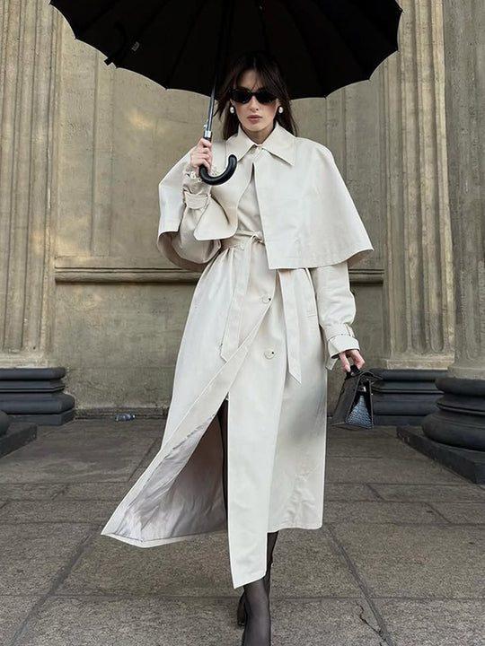 Damen Langer Taillierter Trenchcoat mit abnehmbarem Cape und Bindegürtel Nord Taschen