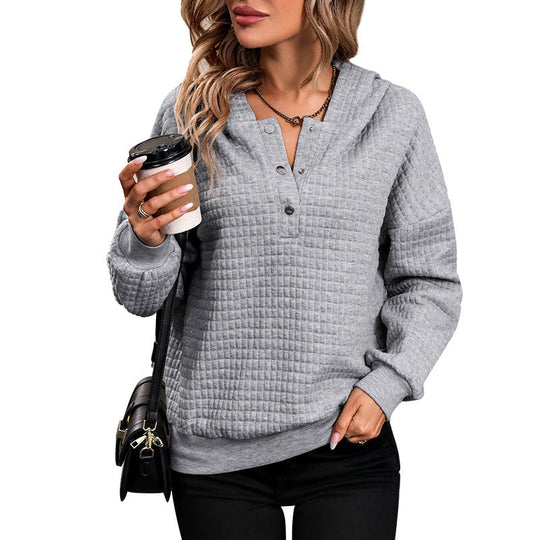 Damen Gestepptes Waffelstrick-Henley-Hoodie mit Druckknopfleiste Nord Taschen
