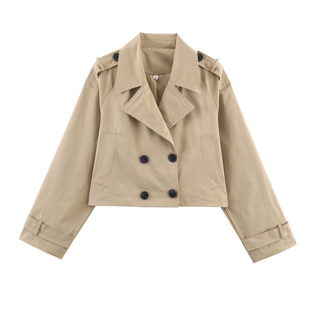 Damen Kurzgeschnittene Trenchjacke im Boxy‑Schnitt mit Doppelreiher und Schulterriegeln Nord Taschen