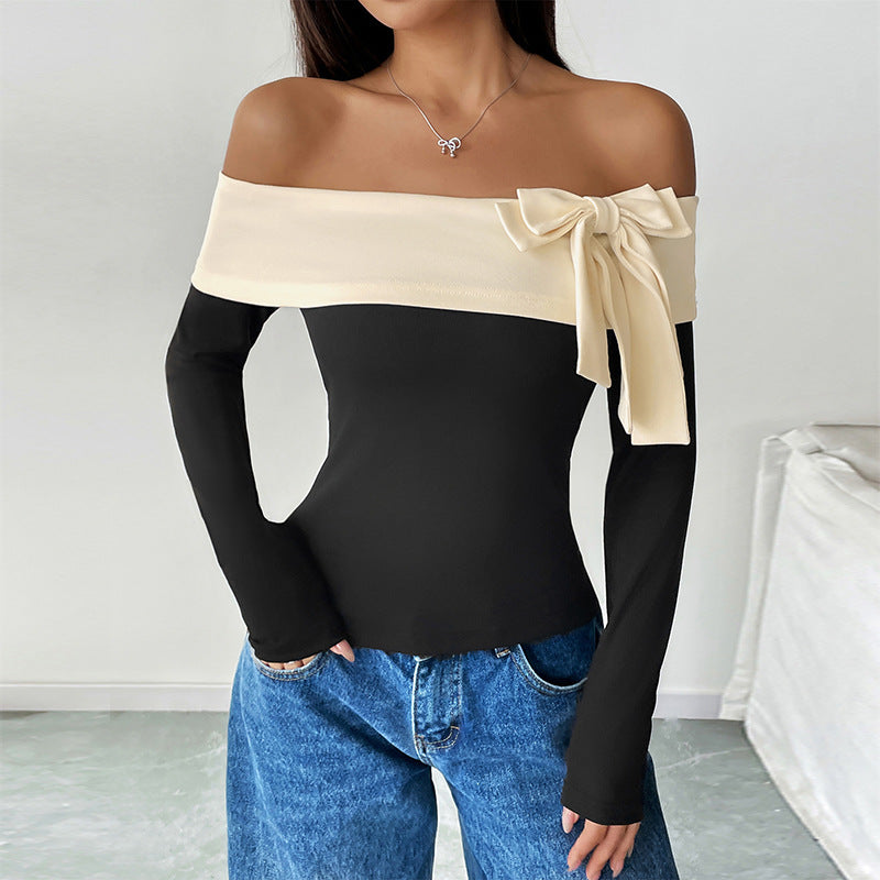 Damen Schulterfreies Langarm-Top mit weitem Umschlagkragen und Zierschleife Nord Taschen