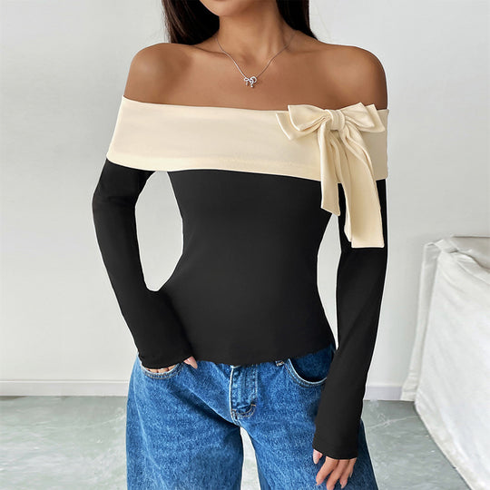 Damen Schulterfreies Langarm-Top mit weitem Umschlagkragen und Zierschleife Nord Taschen