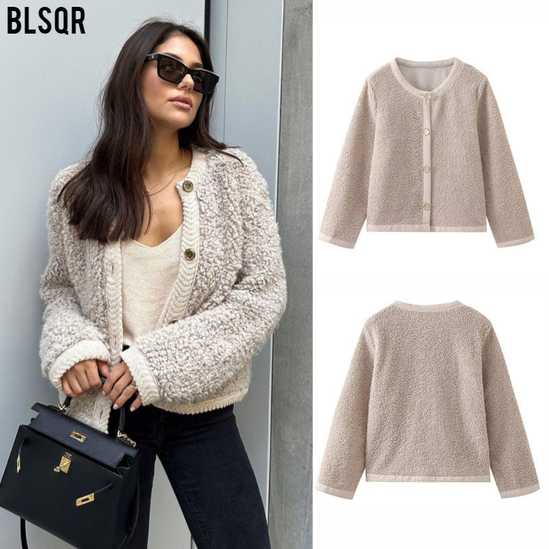 Damen Bouclé-Strickjacke mit Knopfleiste und Rundhalsausschnitt Nord Taschen