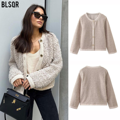 Damen Bouclé-Strickjacke mit Knopfleiste und Rundhalsausschnitt Nord Taschen