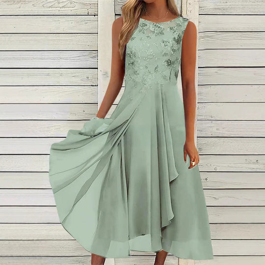 Damen nan ärmelloses Chiffon-Midikleid mit bestickter Brustpartie und asymmetrischem Lagenrock - Arvani
