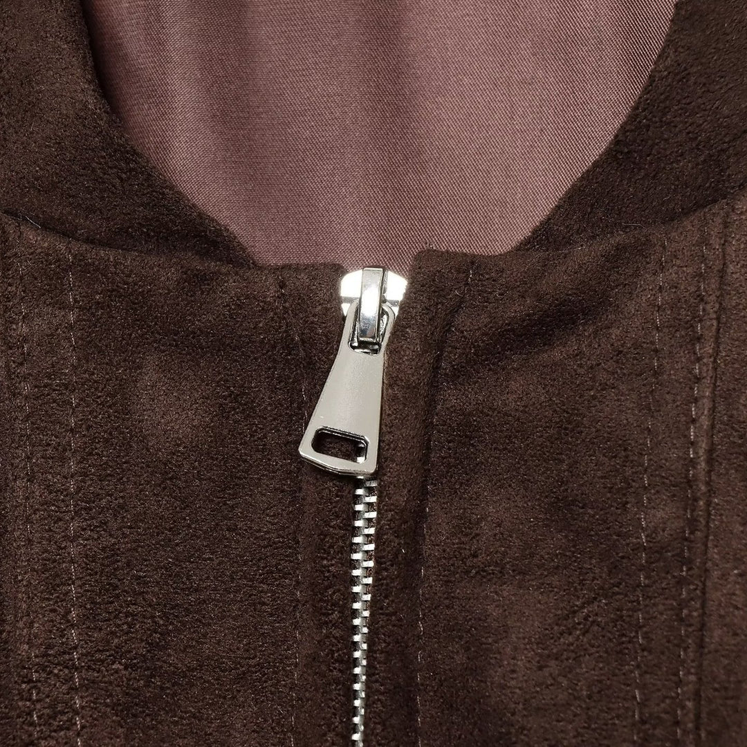 Damen Kurzer Wildlederoptik-Bomber mit Reißverschluss und aufgesetzten Taschen Nord Taschen