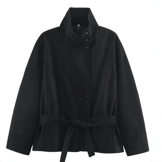 Damen Veloursleder-Optikjacke mit hohem Stehkragen und Taillengürtel Nord Taschen