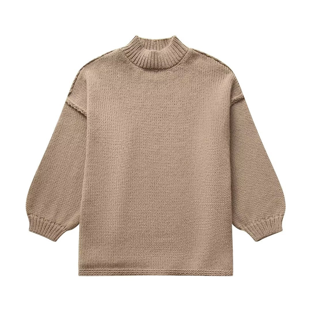 Damen Grobstrick-Pullover mit Stehkragen, überschnittenen Schultern und Ballonärmeln Nord Taschen